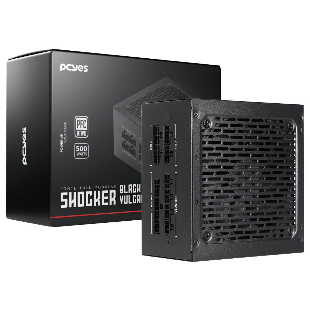 Fonte PCYES Gamer Shocker 500W Full Modular 80Plus Black Vulcan FM500WBV