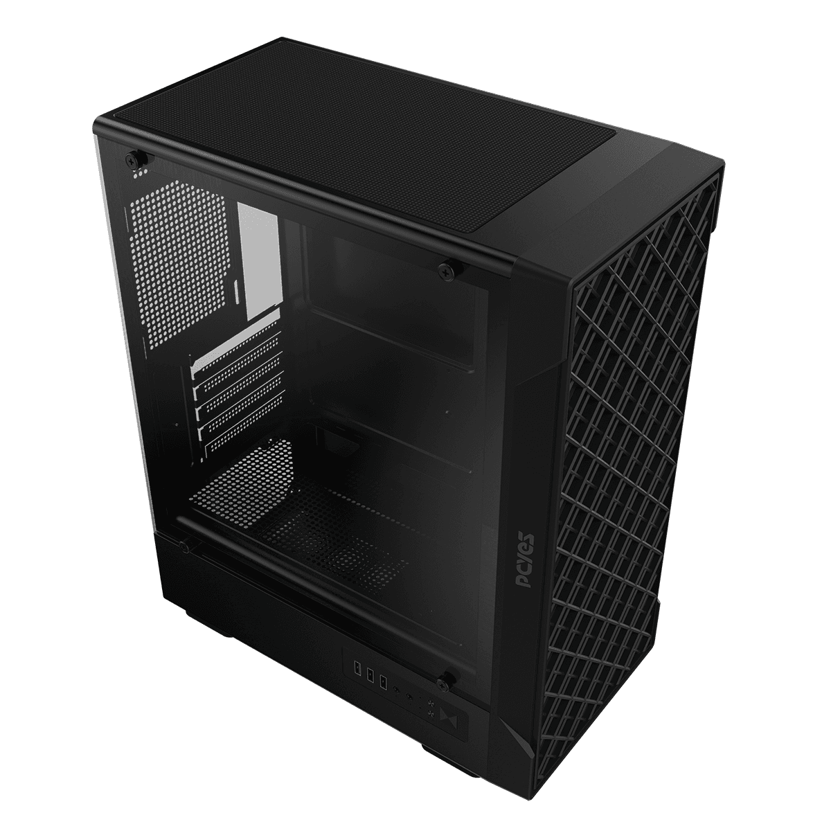 Gabinete Gamer PCYES Velyr Black Vulcan Vidro Temperado detalhe
