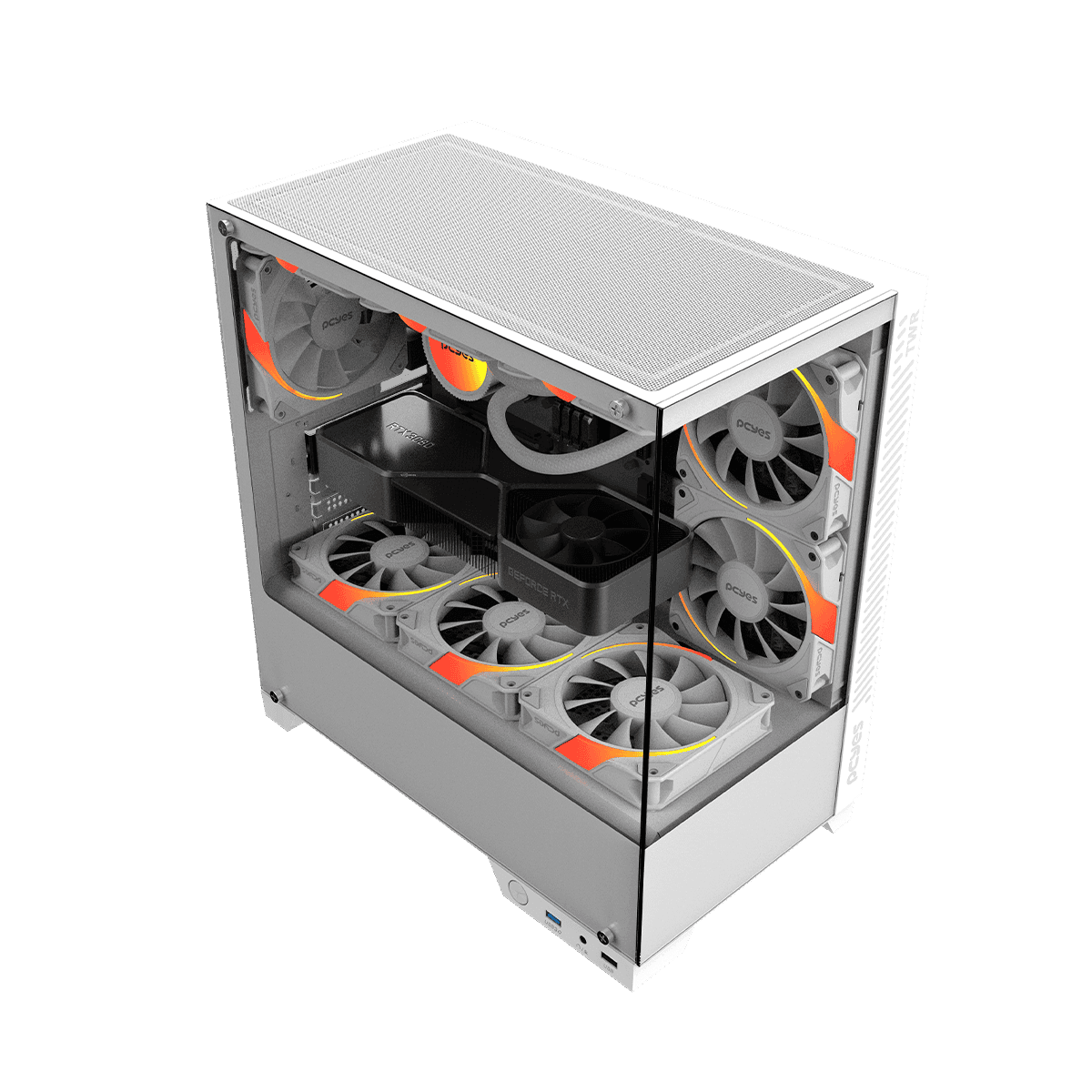 Gabinete Gamer PCYES Forcefield TWR White Ghost Vidro Temperado detalhe