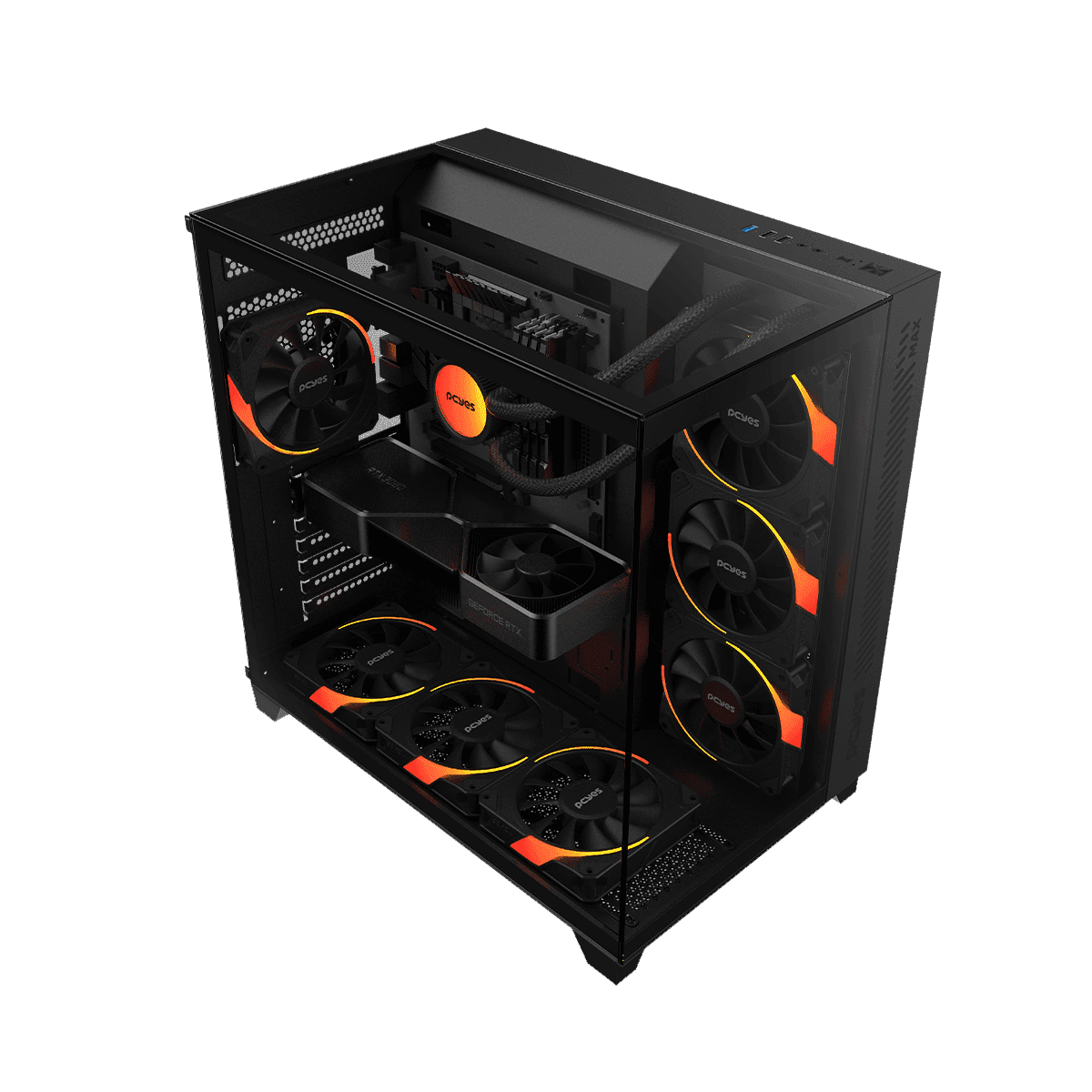 Gabinete Gamer PCYES Forcefield Max Black Vulcan Vidro Temperado detalhe