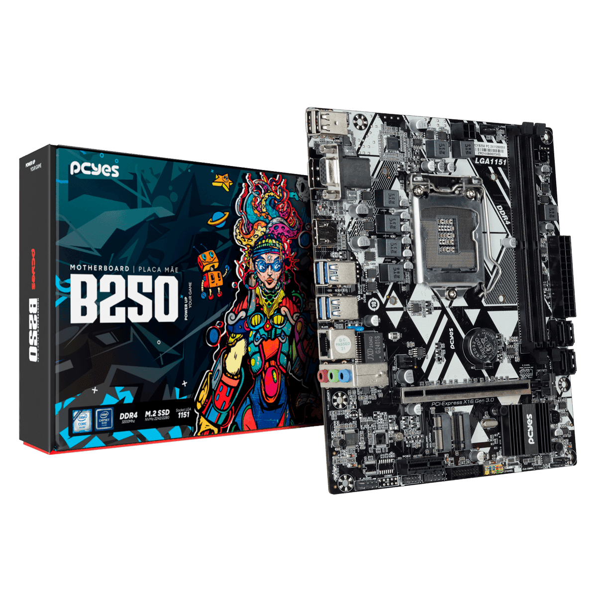 Placa-mãe PCYES B250 LGA1151 DDR4 M.2 NVMe M-ATX PCYB250-9G64