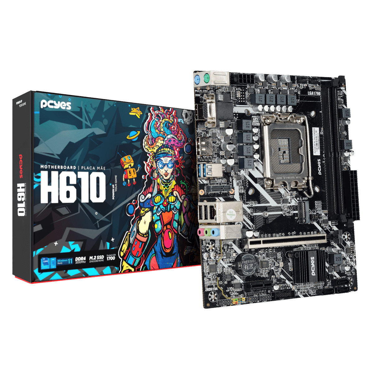 Placa-mãe PCYES H610 DDR4 M.2 NVMe LGA1700 M-ATX PCYH610-14G64