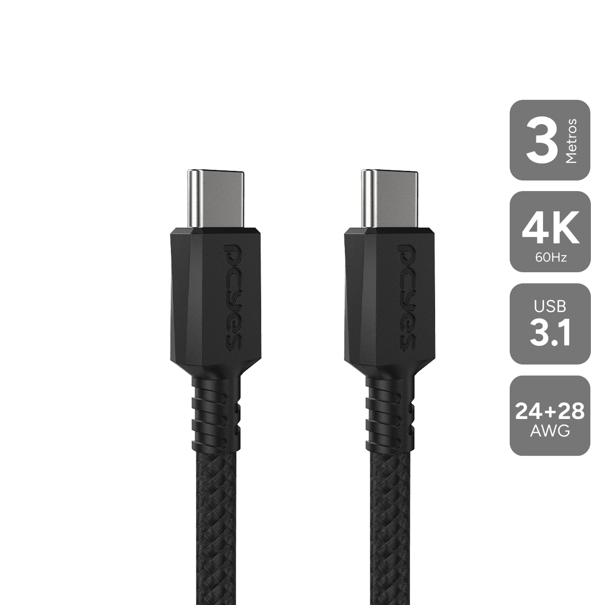 Cabo USB-C 3.1 para USB-C 3.1 PCYES 100W 4K 60Hz Nylon 3 Metros PUCP3P