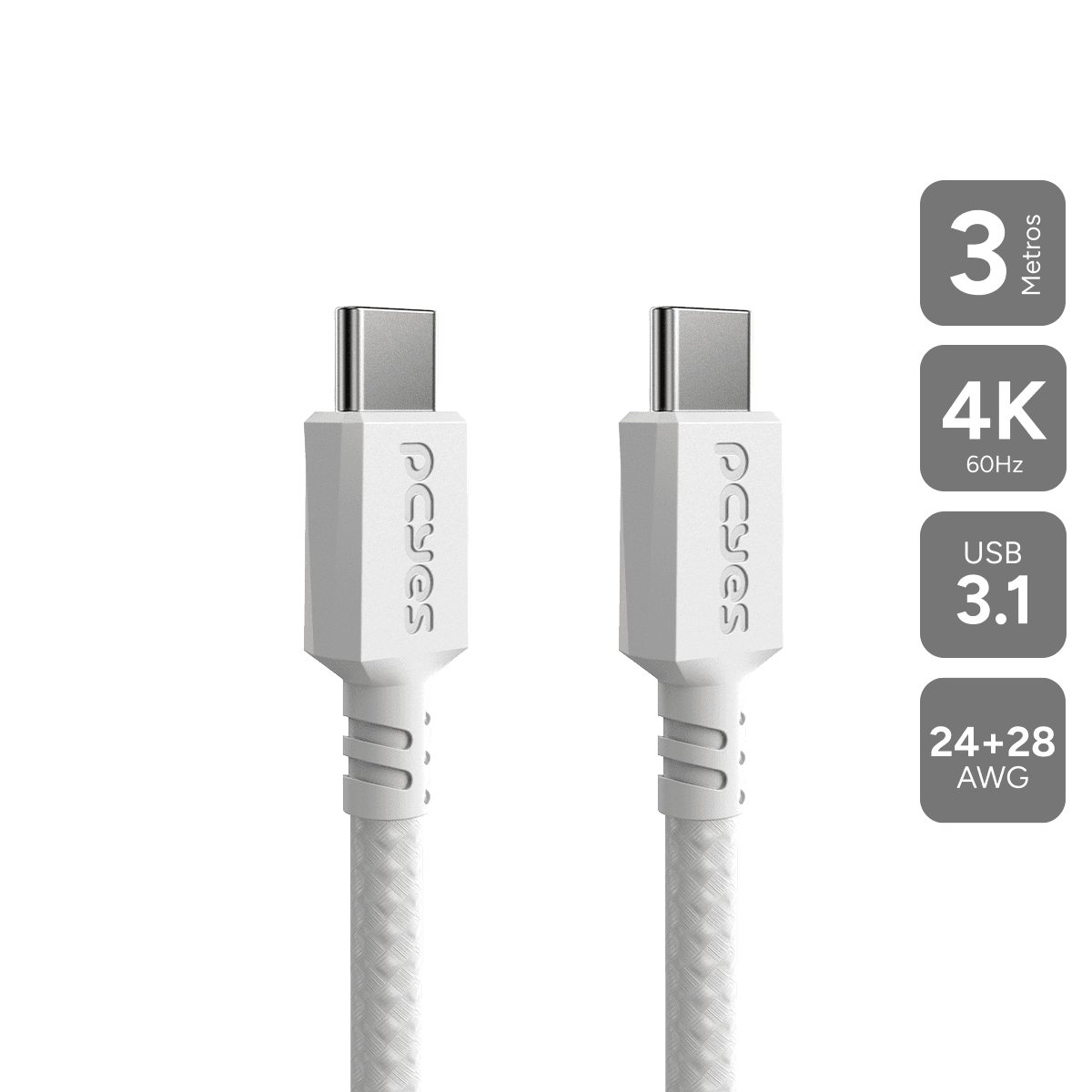 Cabo USB-C 3.1 para USB-C 3.1 PCYES Nylon Branco 3 Metros PUCP3B