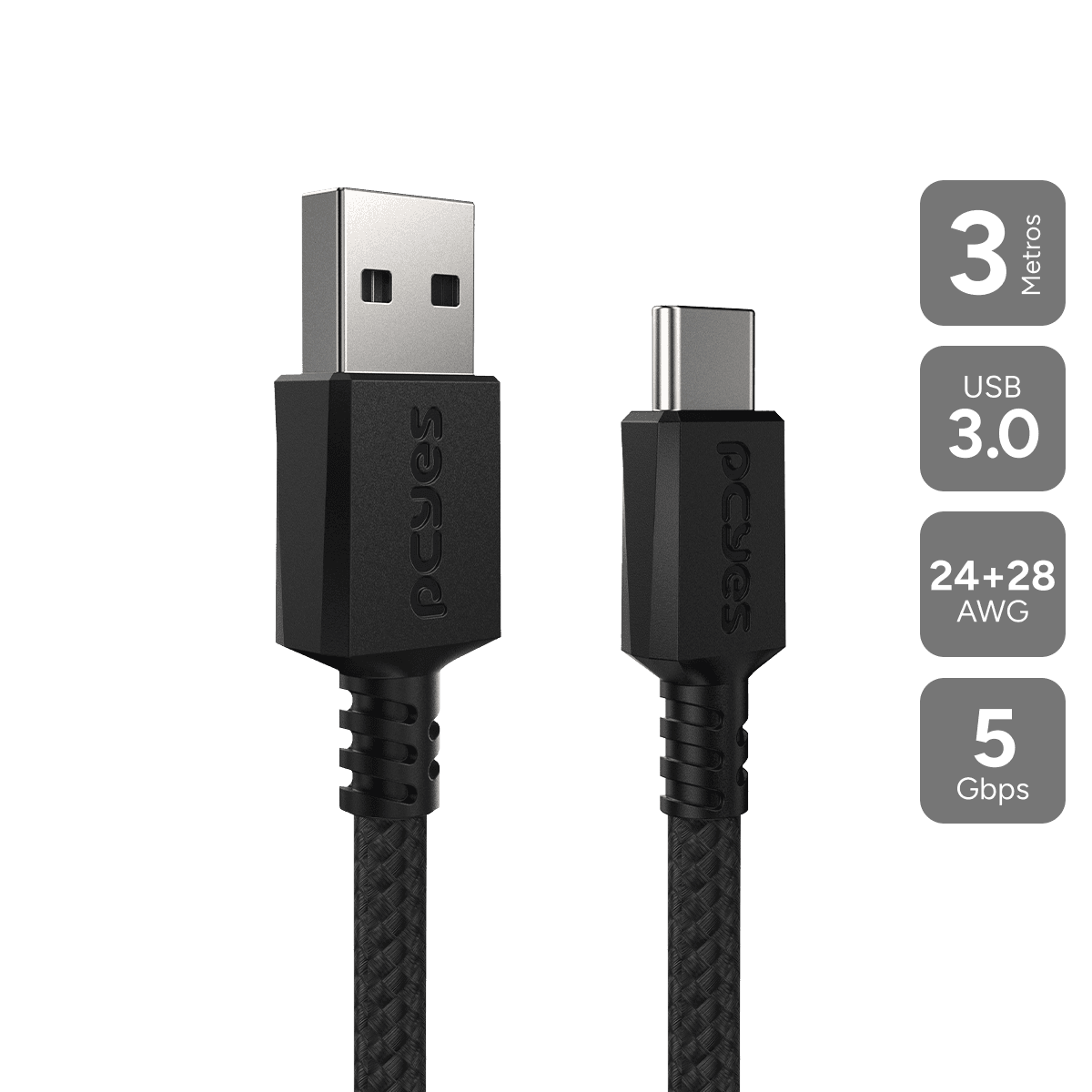 Cabo PCYES USB-A para USB-C 3.0 5Gbps Nylon Preto 3 Metros CBPY003P