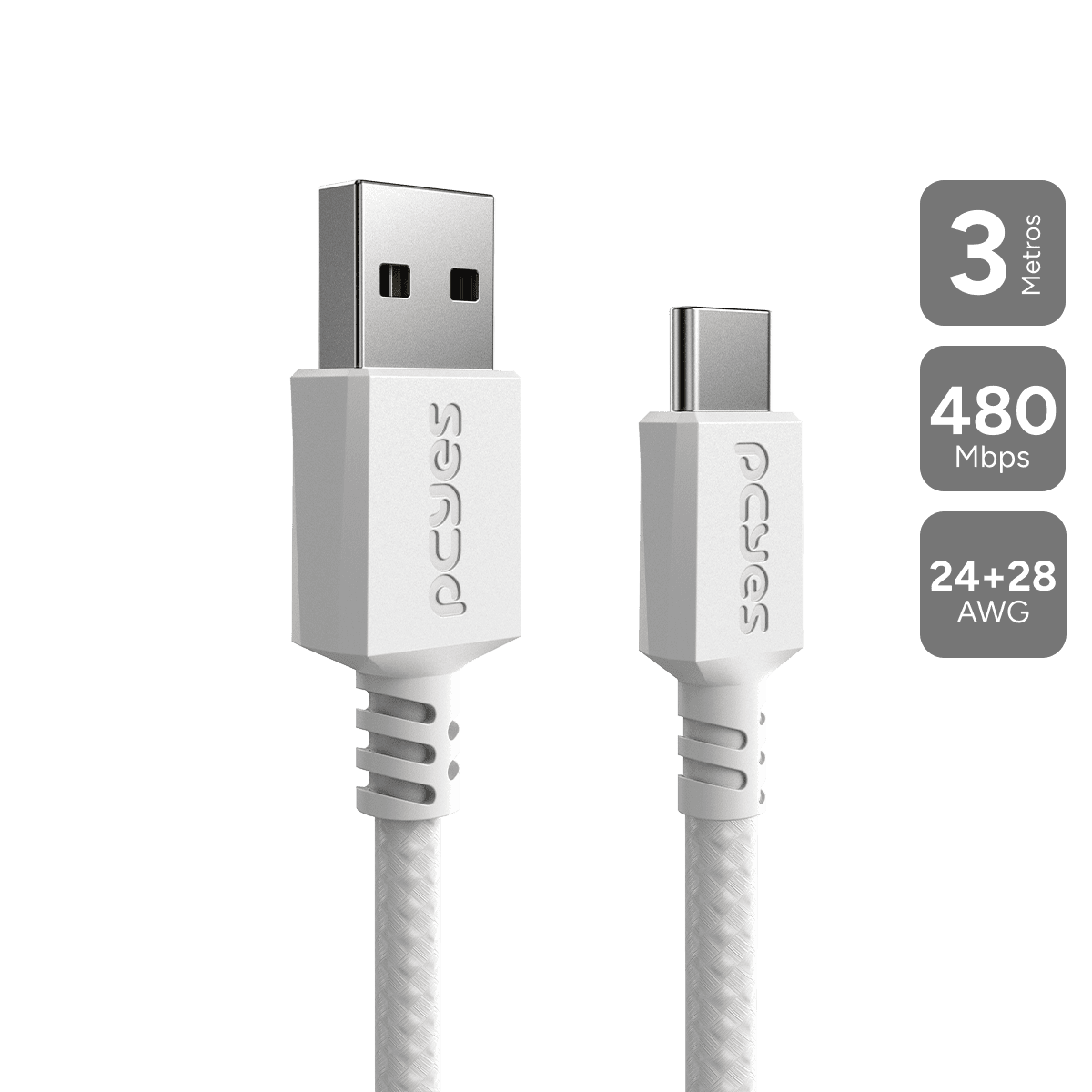 Cabo PCYES USB-A 2.0 para USB-C Nylon Branco 2 Metros CBPY03B