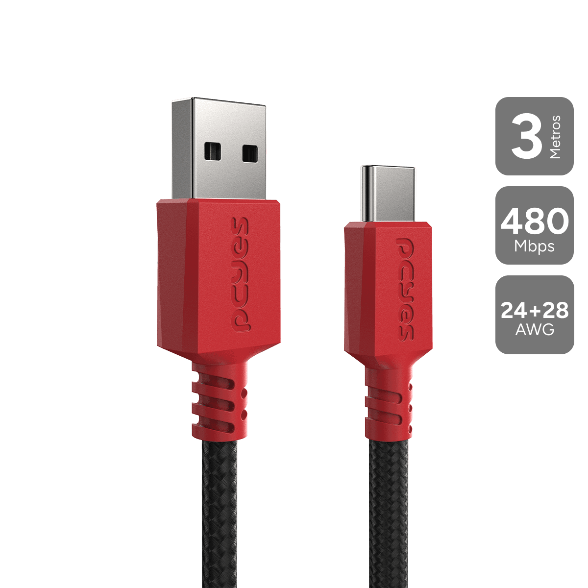 Cabo PCYES USB-A para USB-C 2.0 480Mbps Nylon Vermelho 3 Metros CBPY03V