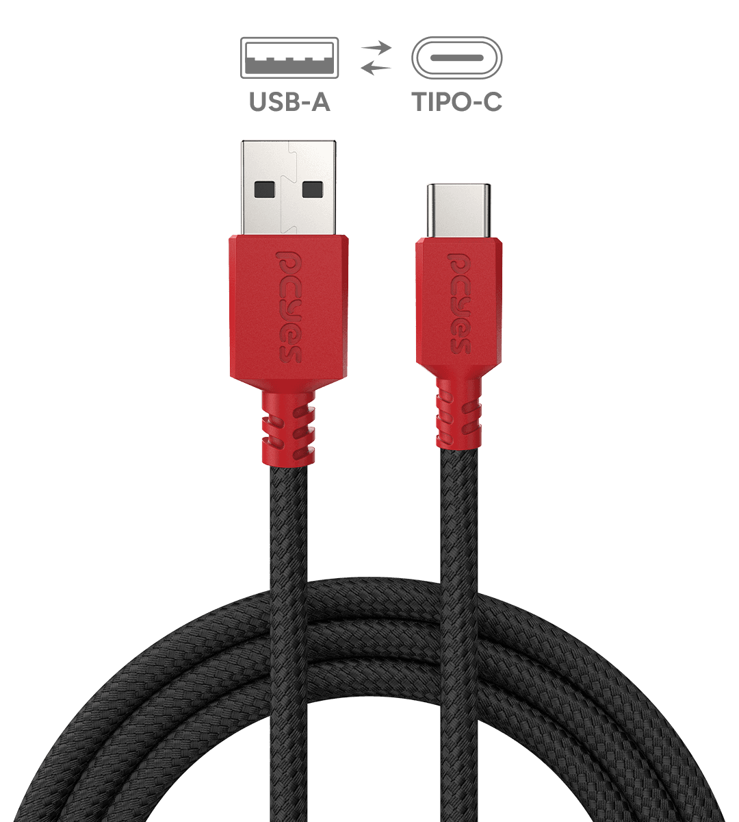 Cabo PCYES USB-A para USB-C 2.0 480Mbps Nylon Vermelho 3 Metros CBPY03V em destaque