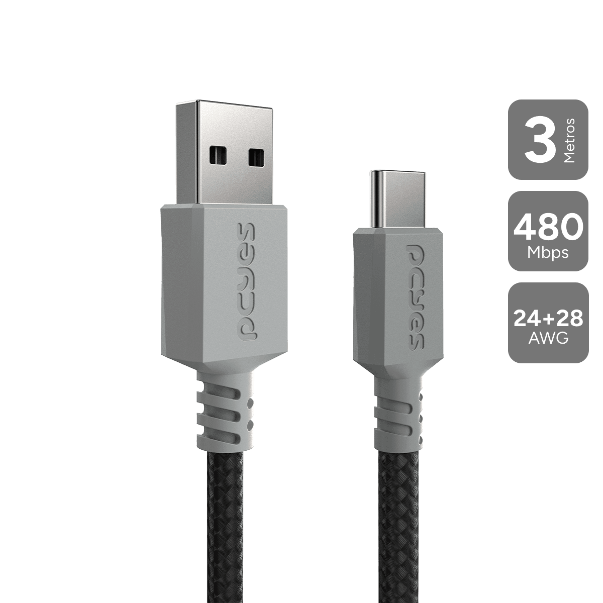 Cabo USB A 2.0 para USB Tipo-C PCYES 3M Nylon 3A CBPY03C