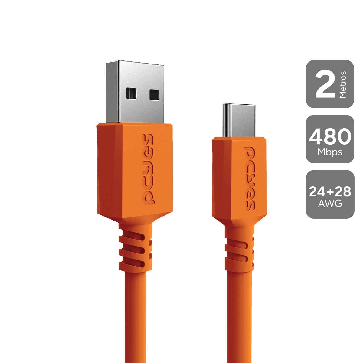 Cabo PCYES USB A para USB Tipo-C 2 Metros Laranja Nylon 3A 480Mbps CBPY02L