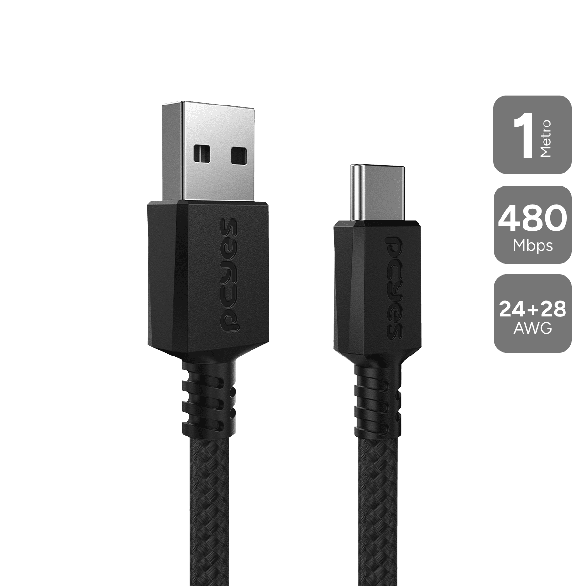 Cabo PCYES USB A para USB Tipo-C 1 Metro Nylon 3A 480Mbps PUACN-01