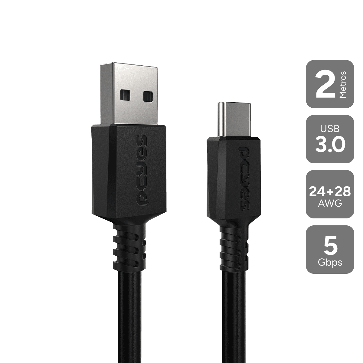 Cabo PCYES USB-A 3.0 para USB-C 5Gbps 15W Preto 2 Metros PUCAP3-2