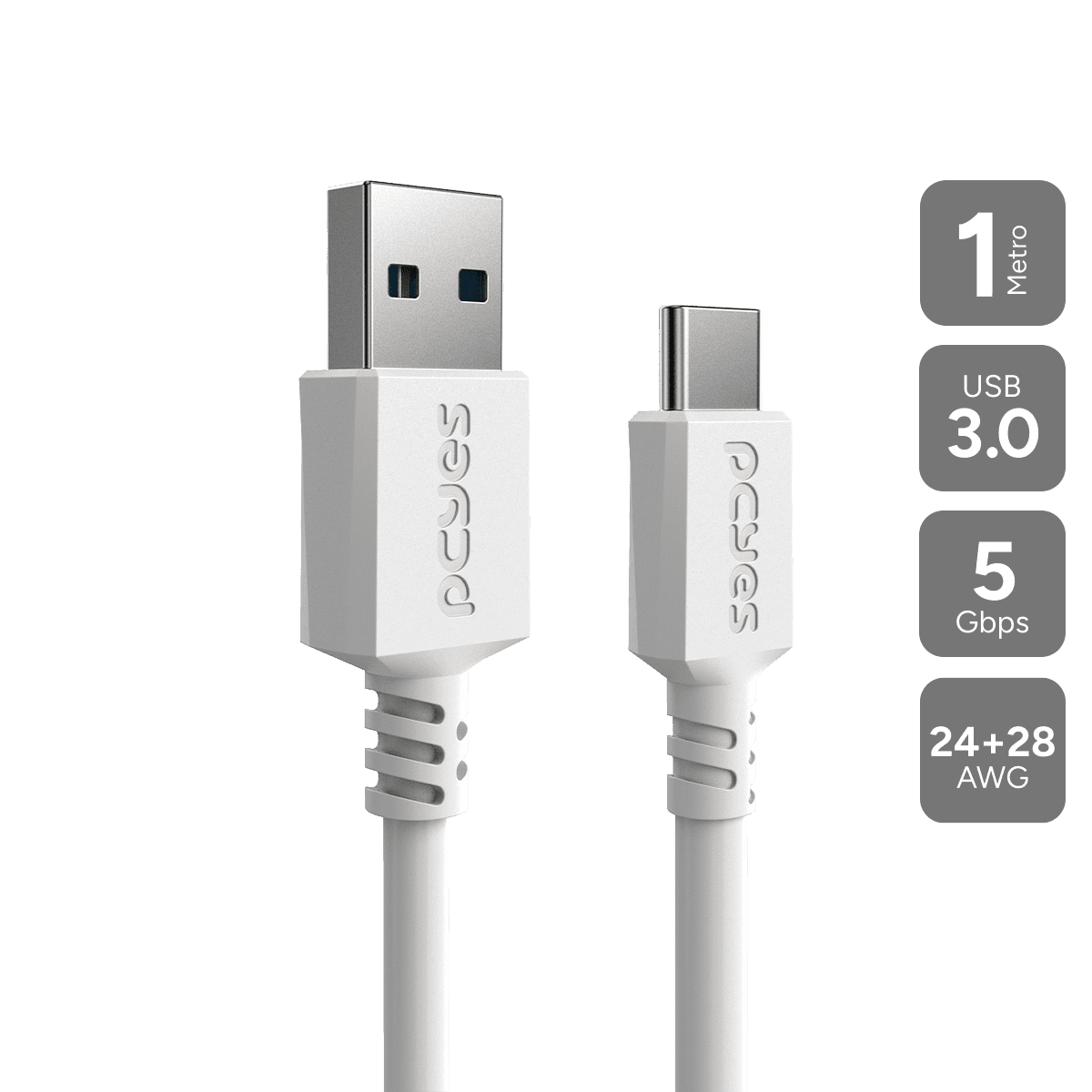 Cabo PCYES USB-A 3.0 para USB-C 5Gbps 15W Branco 1 Metro PUCAP3-1B