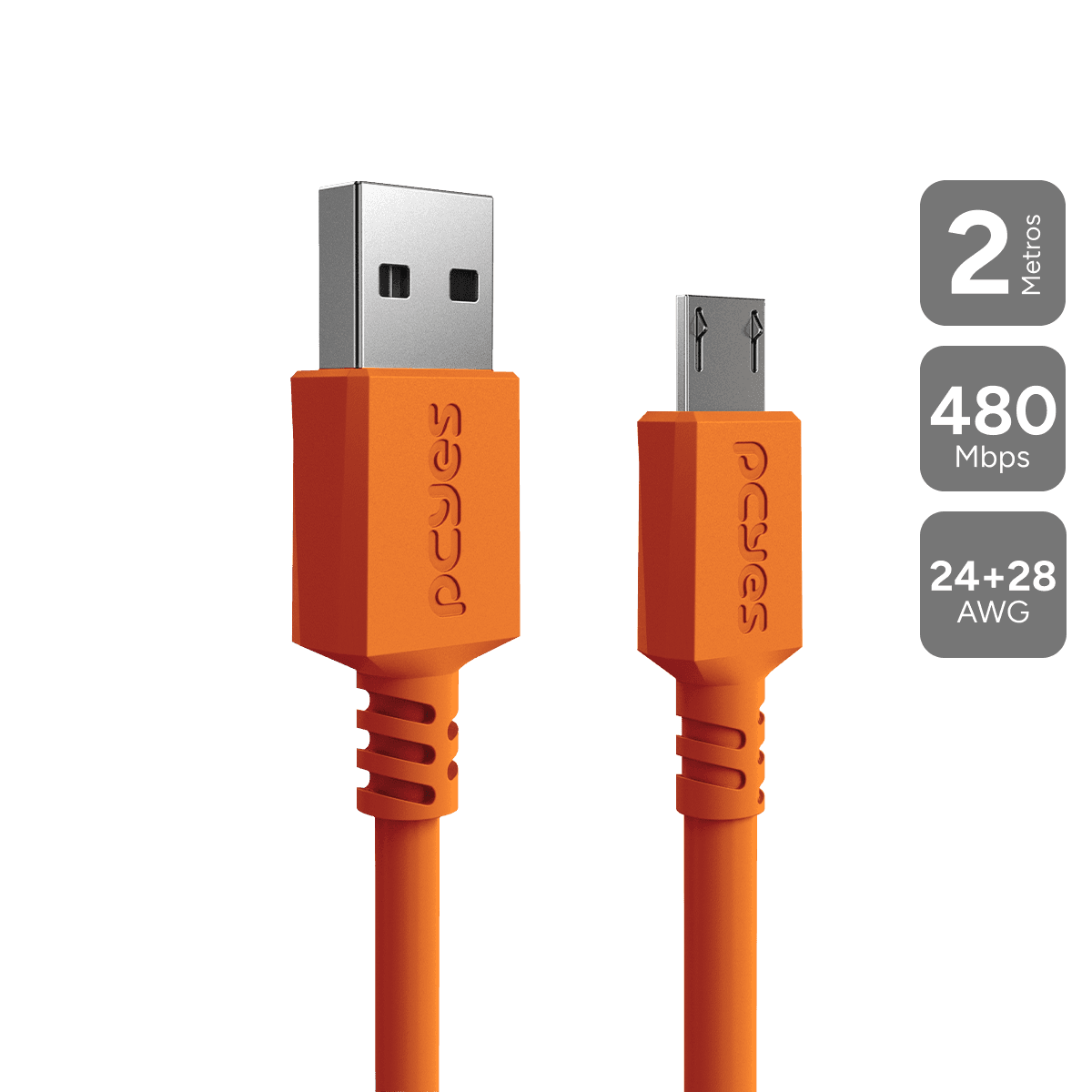 Cabo PCYES Micro USB para USB A 2.0 2 Metros Laranja Nylon 3A PMUAM-2L