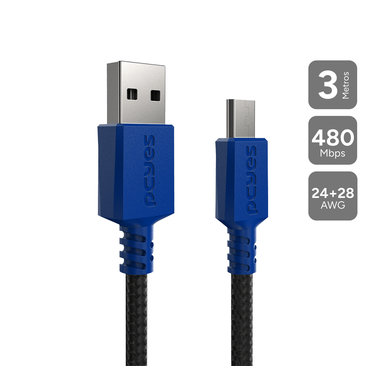 Cabo Micro USB PCYES USB A 2.0 3M Nylon 3A PMUAN-3A