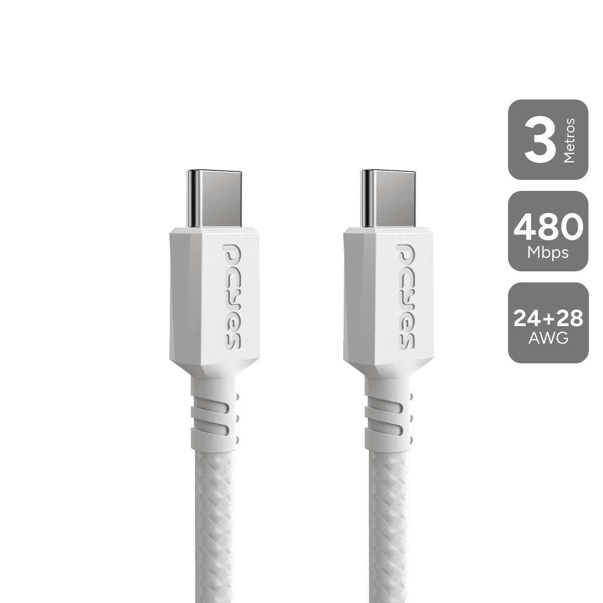 Cabo PCYES USB-C 2.0 15W 480Mbps Nylon Branco 3 Metros PUCC2-3B