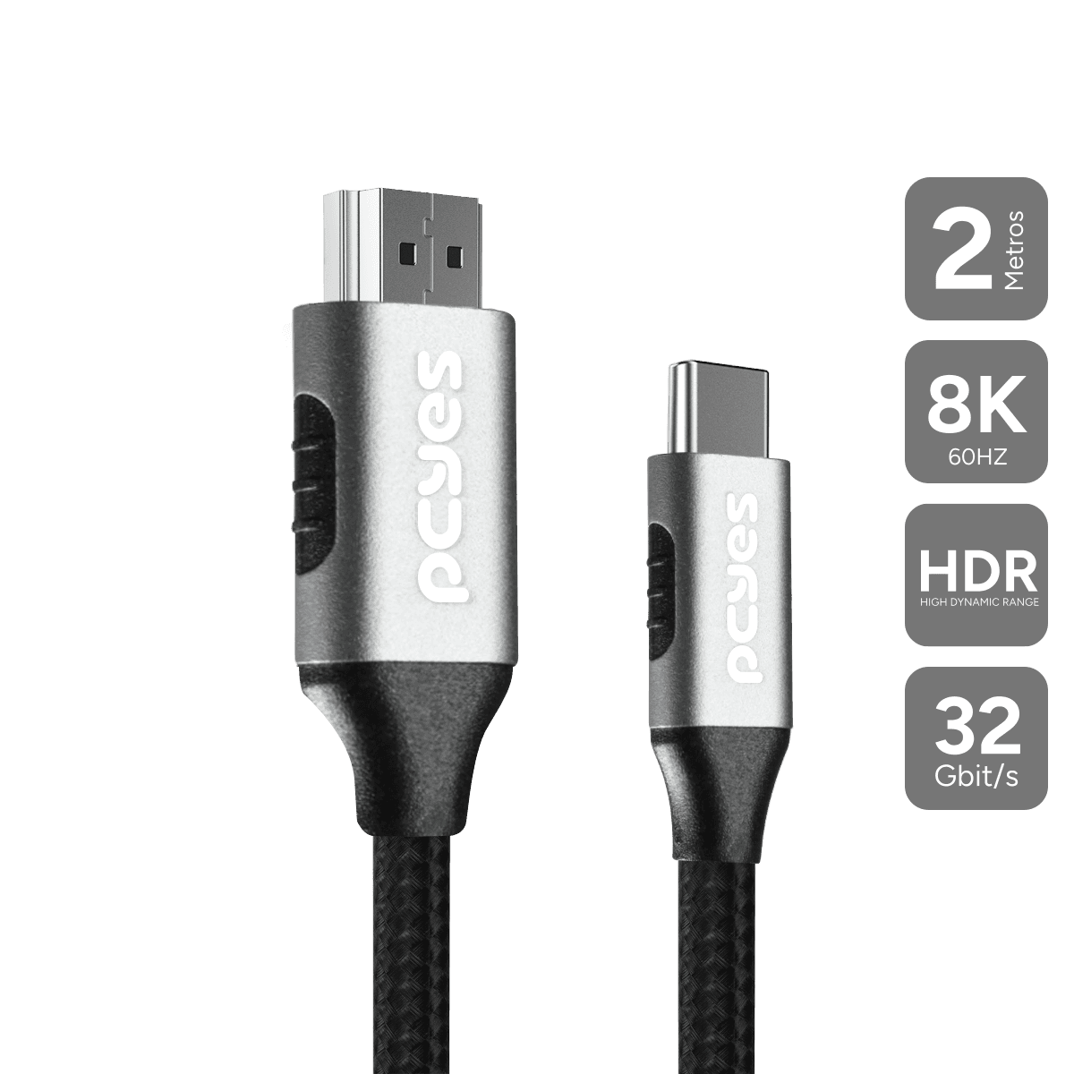 Cabo PCYES USB-C para HDMI 2.1 8K 60Hz 4K 144Hz Nylon 2 Metros PUCH2P