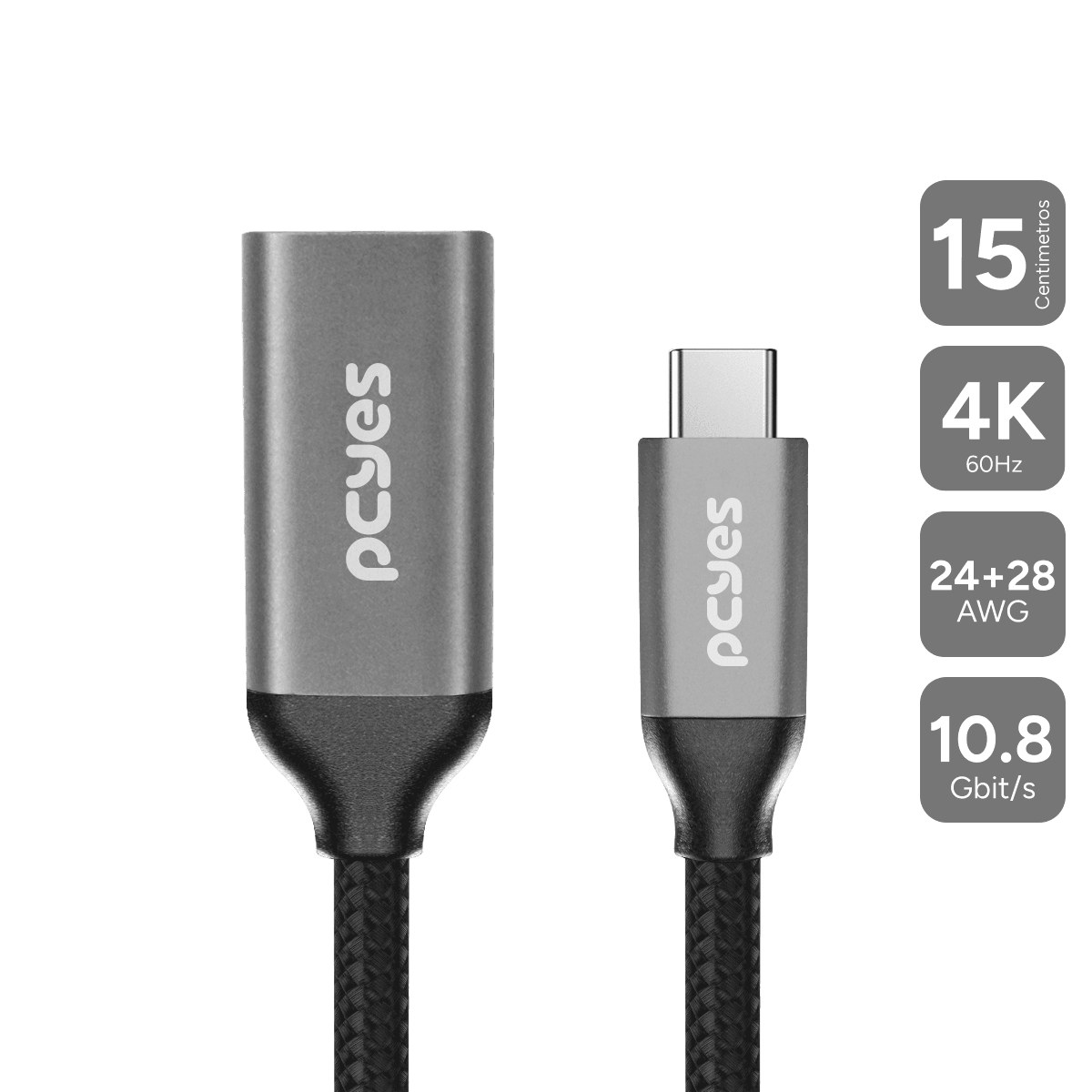 Cabo PCYES USB-C para HDMI 2.0 4K 60Hz Nylon Preto 15cm PUCF-15P