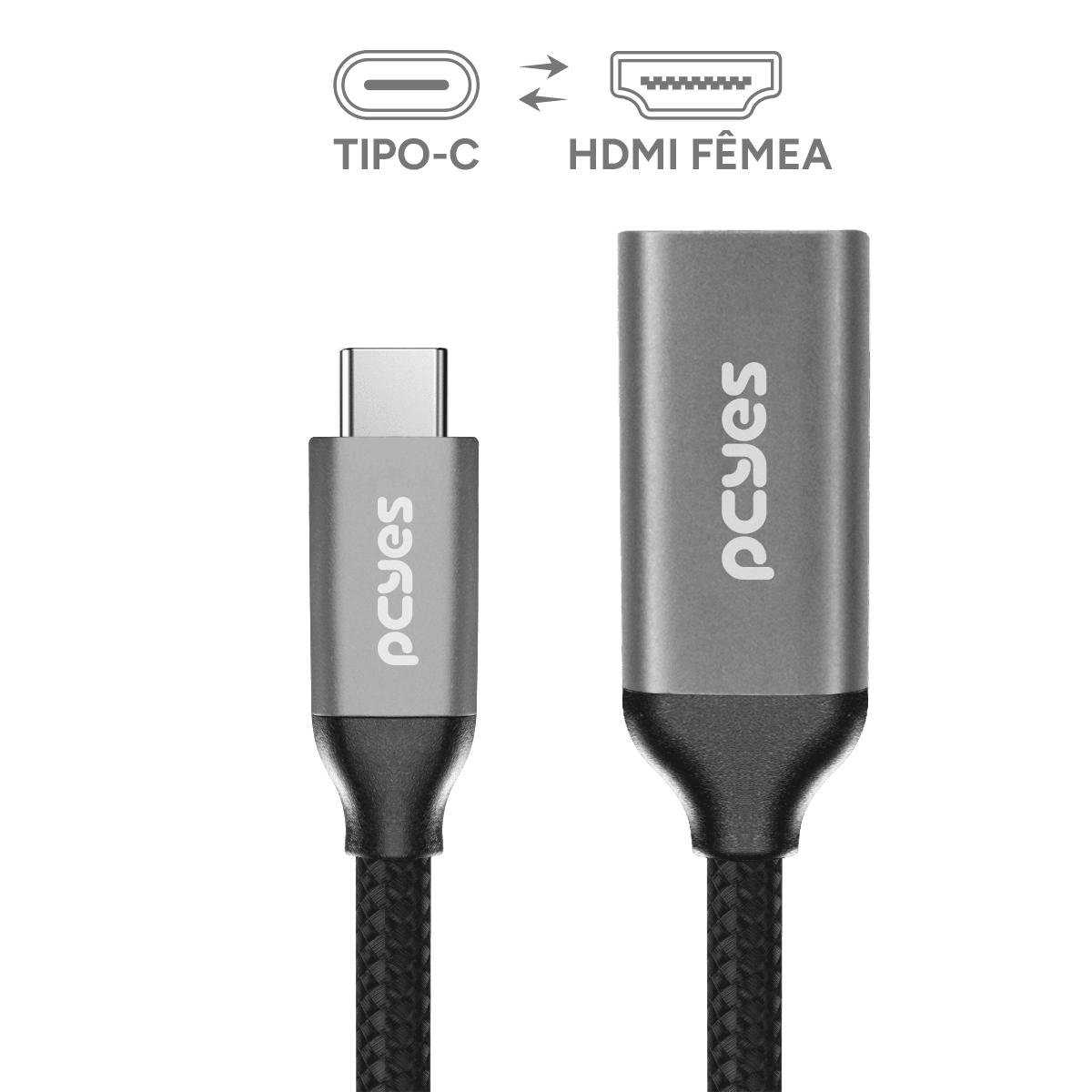 Cabo PCYES USB-C para HDMI 2.0 4K 60Hz Nylon Preto 15cm PUCF-15P em destaque