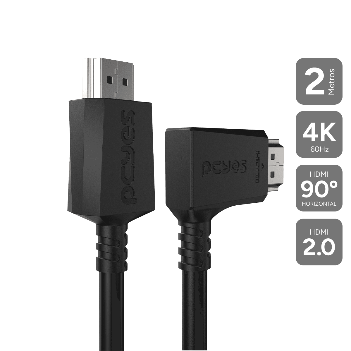 Cabo HDMI PCYES 2.0 Conector 90° Horizontal 4K 60Hz 2m PH90H-2
