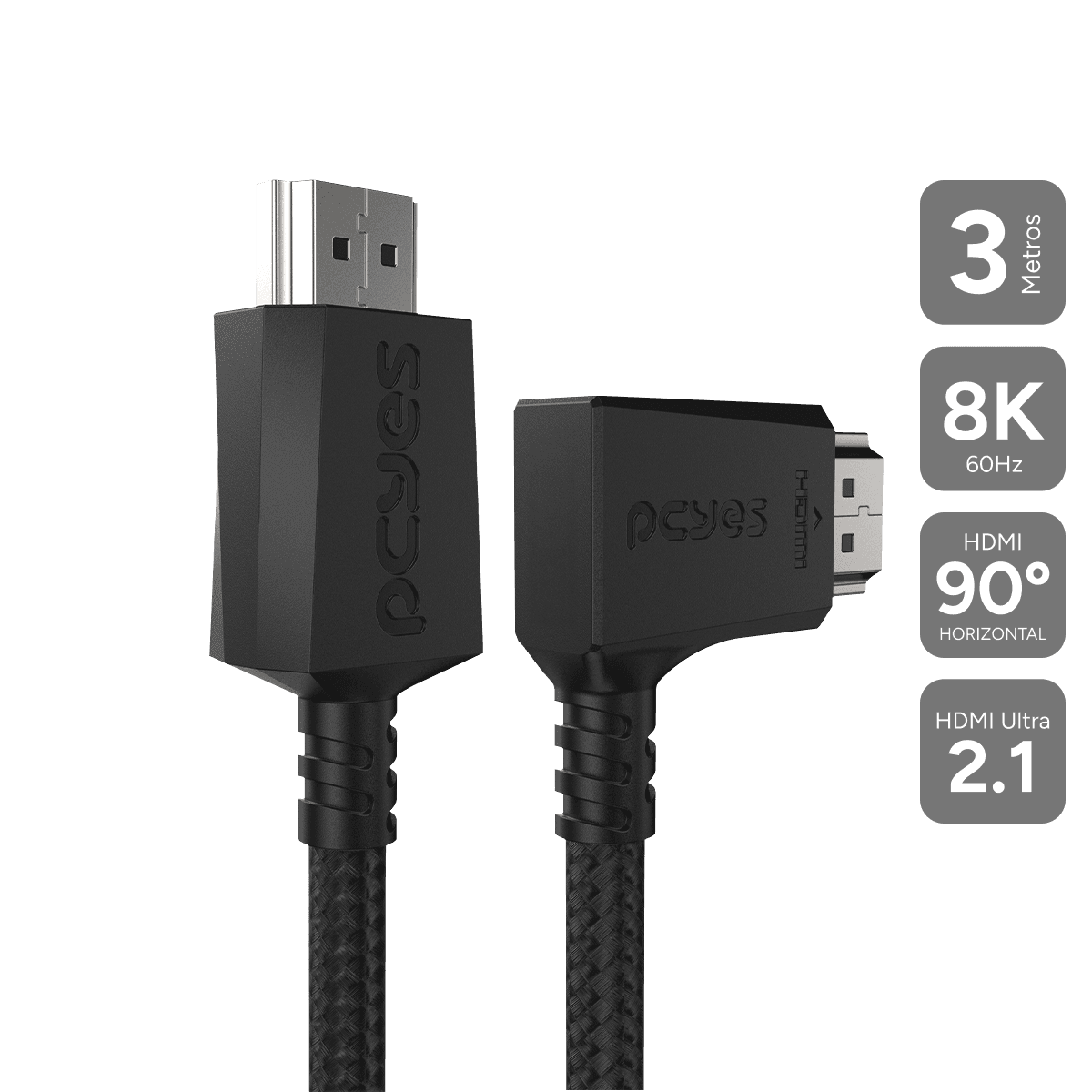 Cabo HDMI PCYES 2.1 90° Horizontal 8K 60Hz Nylon Preto 3 Metros PHM21-3HNP