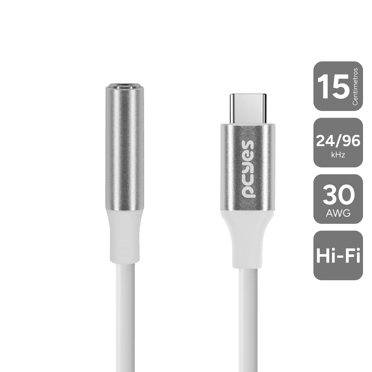 Cabo USB-C para P3 PCYES Áudio Hi-Fi DAC 24/96kHz Branco 15cm P3UCP-15B