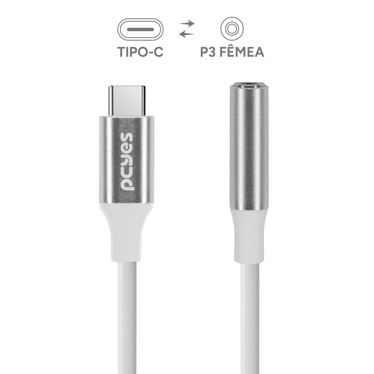 Cabo USB-C para P3 PCYES Áudio Hi-Fi DAC 24/96kHz Branco 15cm P3UCP-15B em destaque