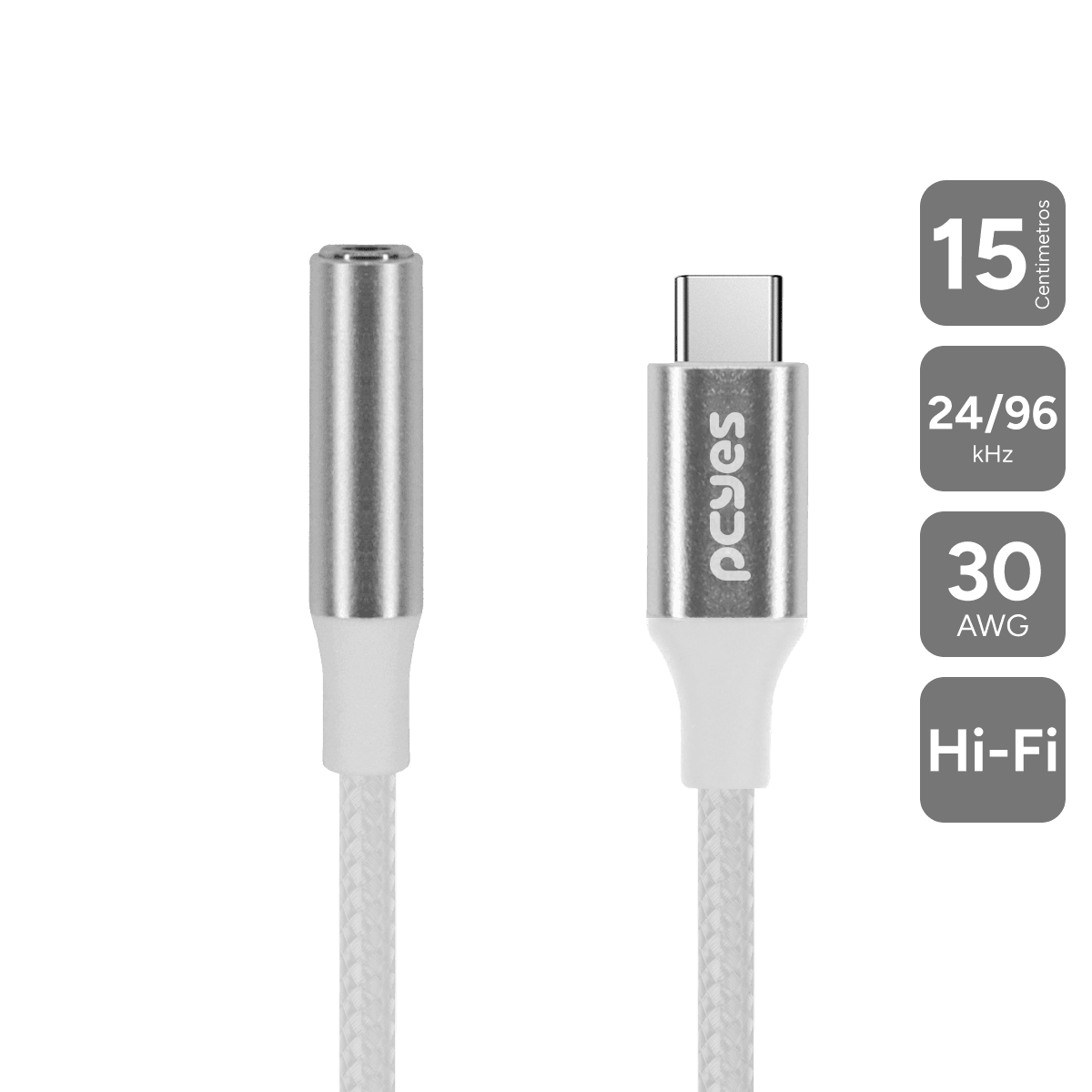 Cabo USB-C para P3 Fêmea PCYES Hi-Fi Nylon Branco 15cm P3UCP-15HFB