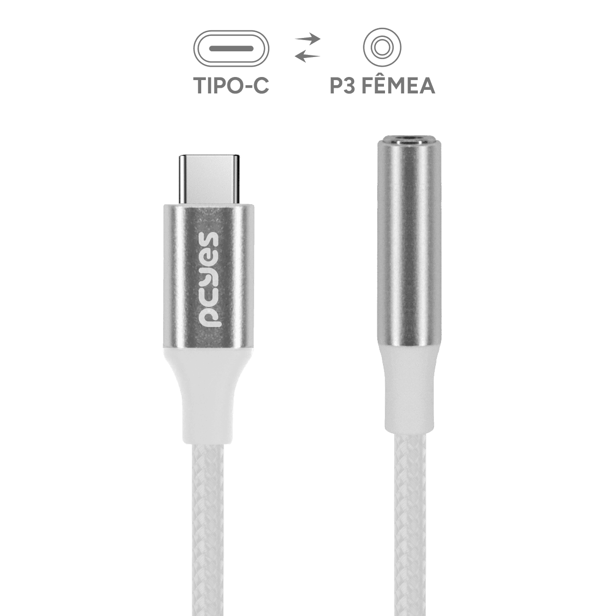 Cabo USB-C para P3 Fêmea PCYES Hi-Fi Nylon Branco 15cm P3UCP-15HFB em destaque