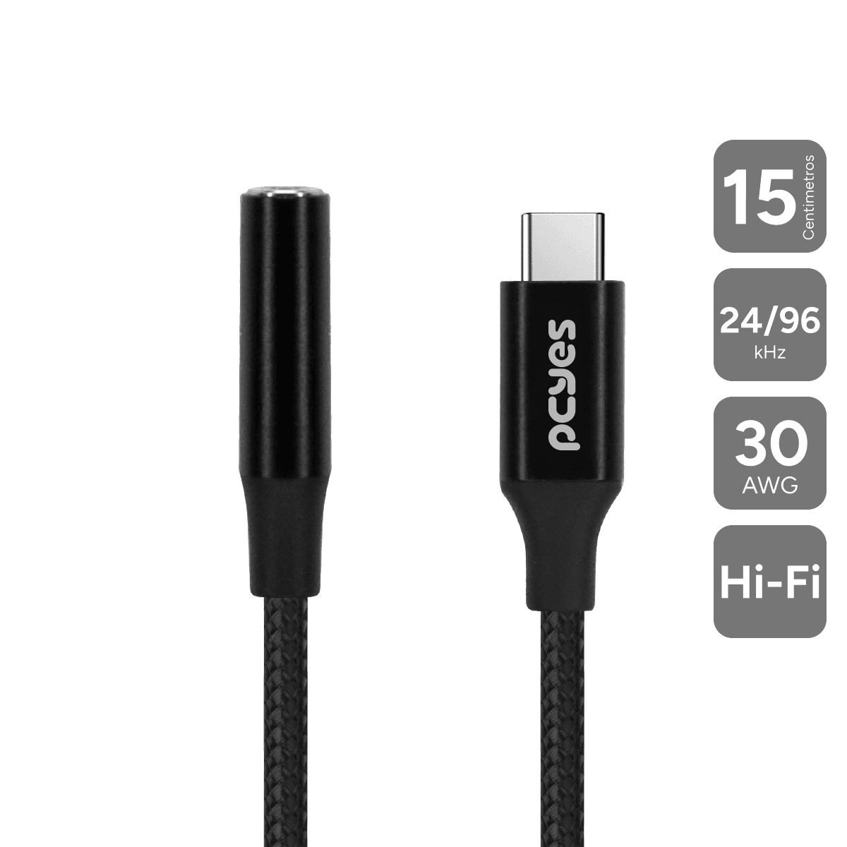 Cabo USB-C para P3 Fêmea PCYES Hi-Fi DAC 24/96 Nylon Preto 15cm P3UCP-15P