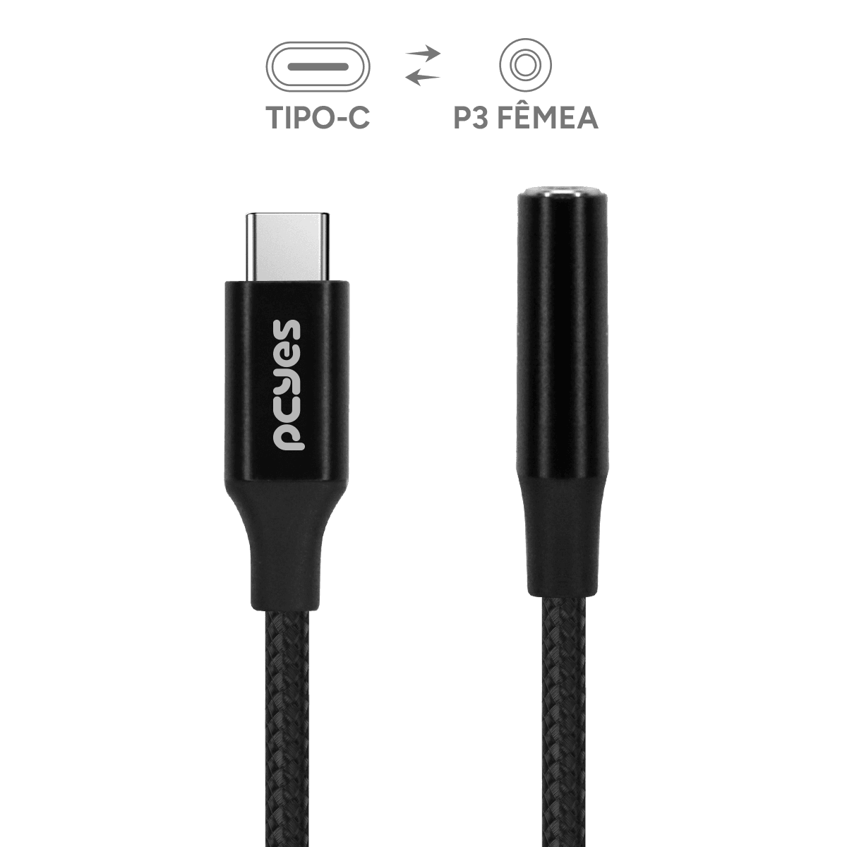 Cabo USB-C para P3 Fêmea PCYES Hi-Fi DAC 24/96 Nylon Preto 15cm P3UCP-15P em destaque
