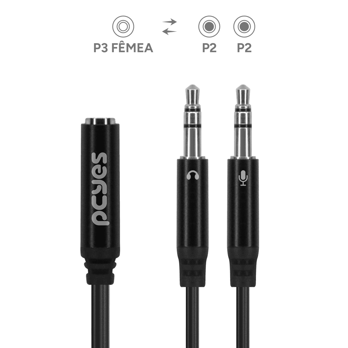 Cabo Adaptador Y P3 Fêmea para P2 Macho PCYES 15cm P3Y-15 em destaque