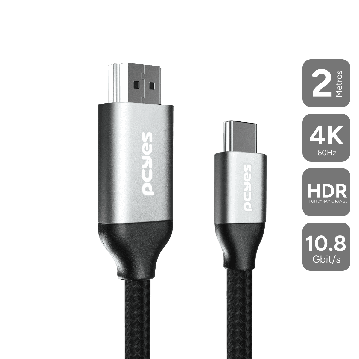 Cabo PCYES USB-C para HDMI 2.0 4K 60Hz Nylon Preto 2 Metros PUCH2
