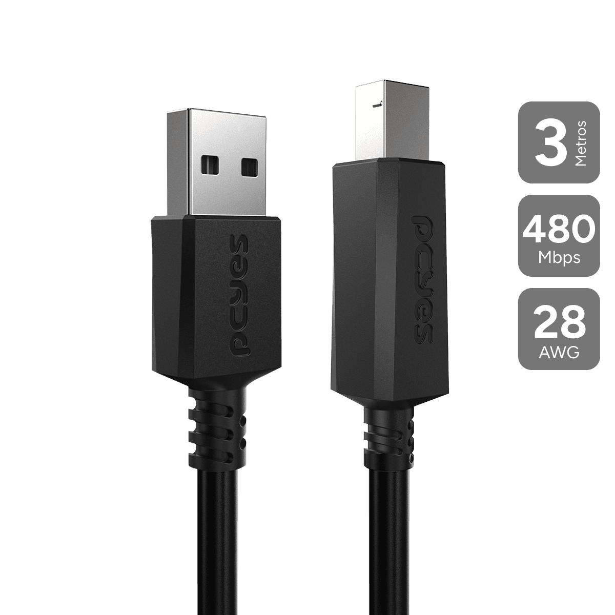 Cabo PCYES USB 2.0 A para B 3 Metros para Impressora PUABM2-3