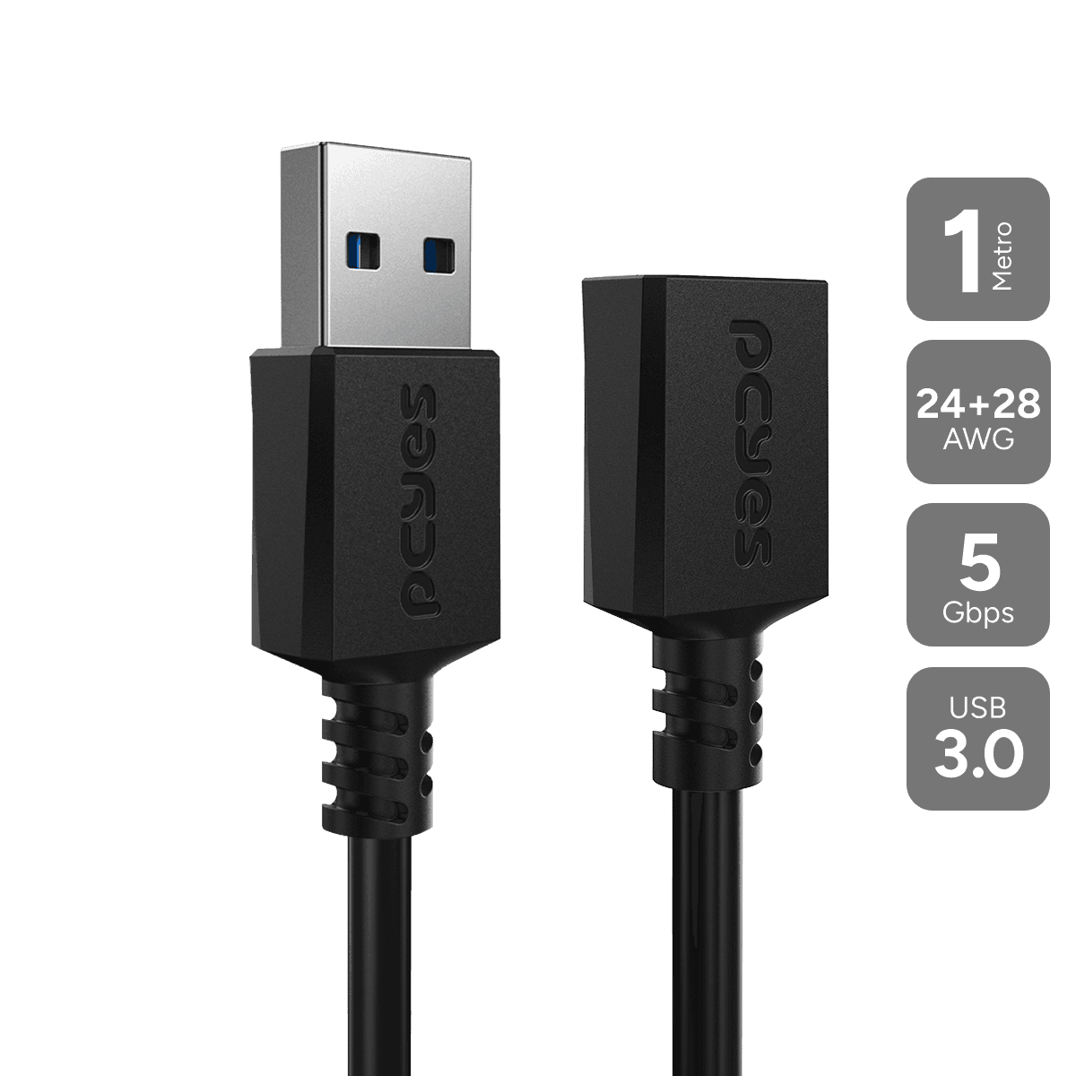 Cabo PCYES Extensor USB 3.0 A Macho para A Fêmea 1 Metro 5Gbps PUAMF3-1