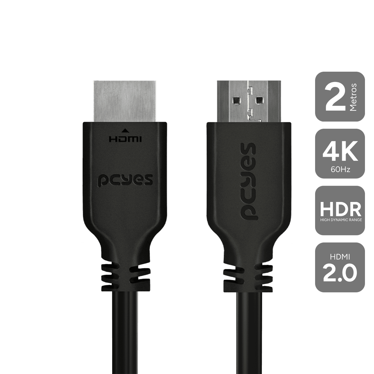 Cabo HDMI PCYES 2.0 4K 60Hz 2 Metros Cobre Puro 18Gbps PHM20-2
