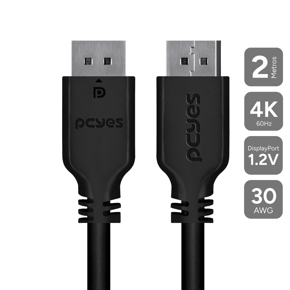 Cabo PCYES DisplayPort 1.2 4K 60Hz 2 Metros Cobre Puro 18Gbps PDPM-2
