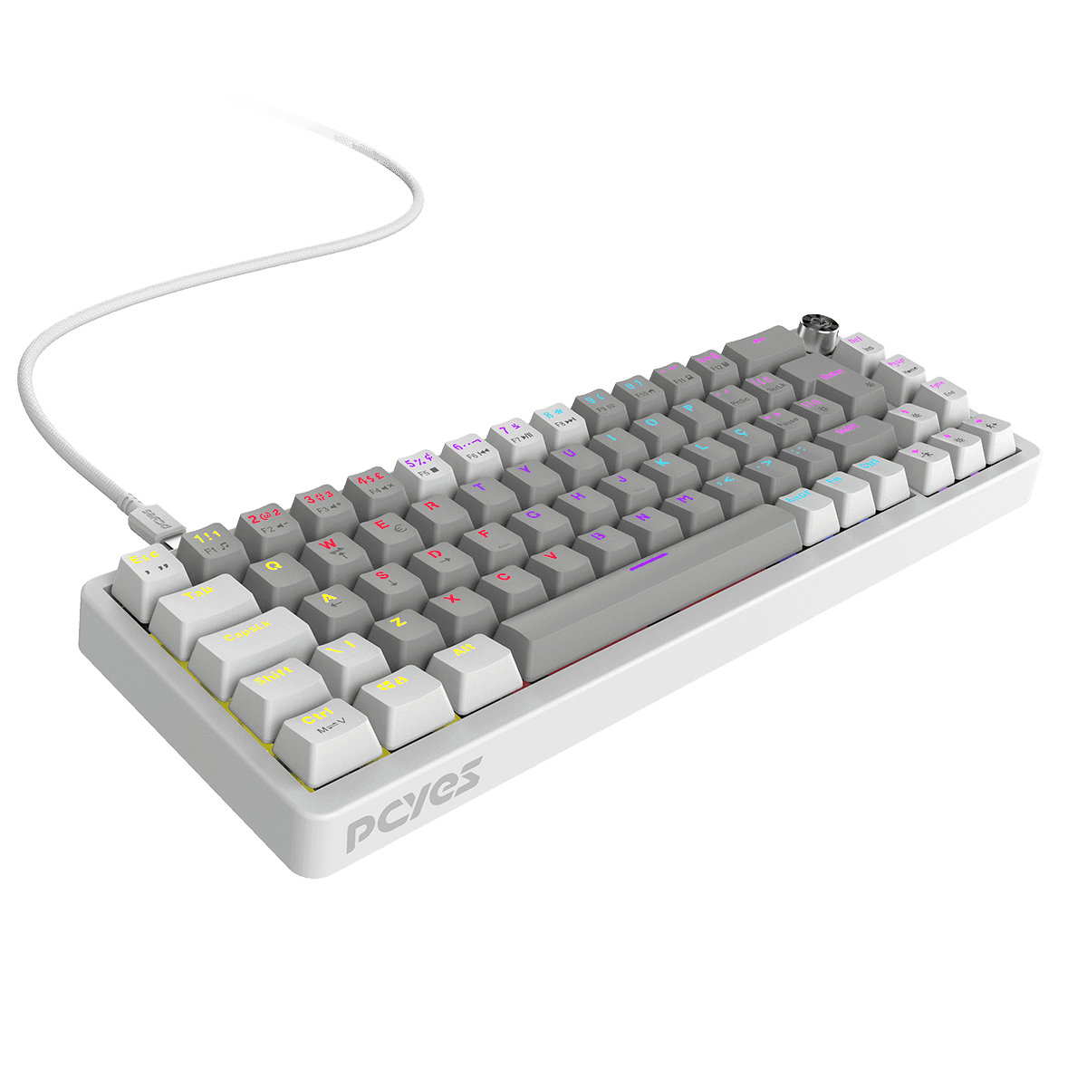 Teclado Mecânico PCYES Mecka White Ghost 65% ABNT2 Outemu Red RGB Rainbow TPMKWGRD em destaque