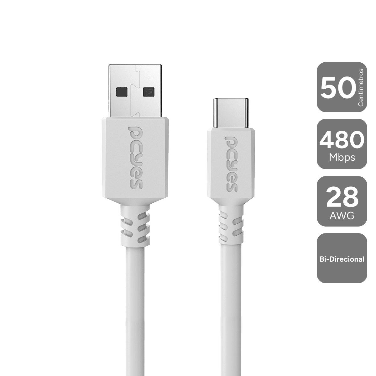 Cabo PCYES USB A 2.0 para USB Tipo-C 50cm 3A Branco PUACB-05
