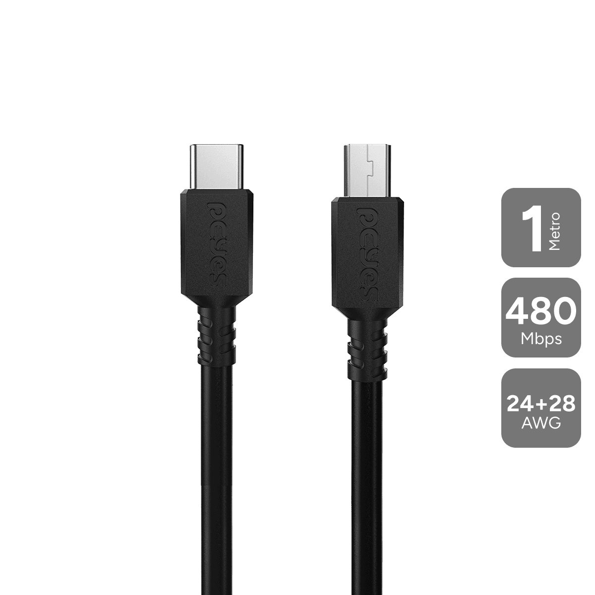 Cabo PCYES USB Tipo-C para Mini USB B 2.0 1 Metro 480Mbps 3A PVC Preto PUCMBP-1