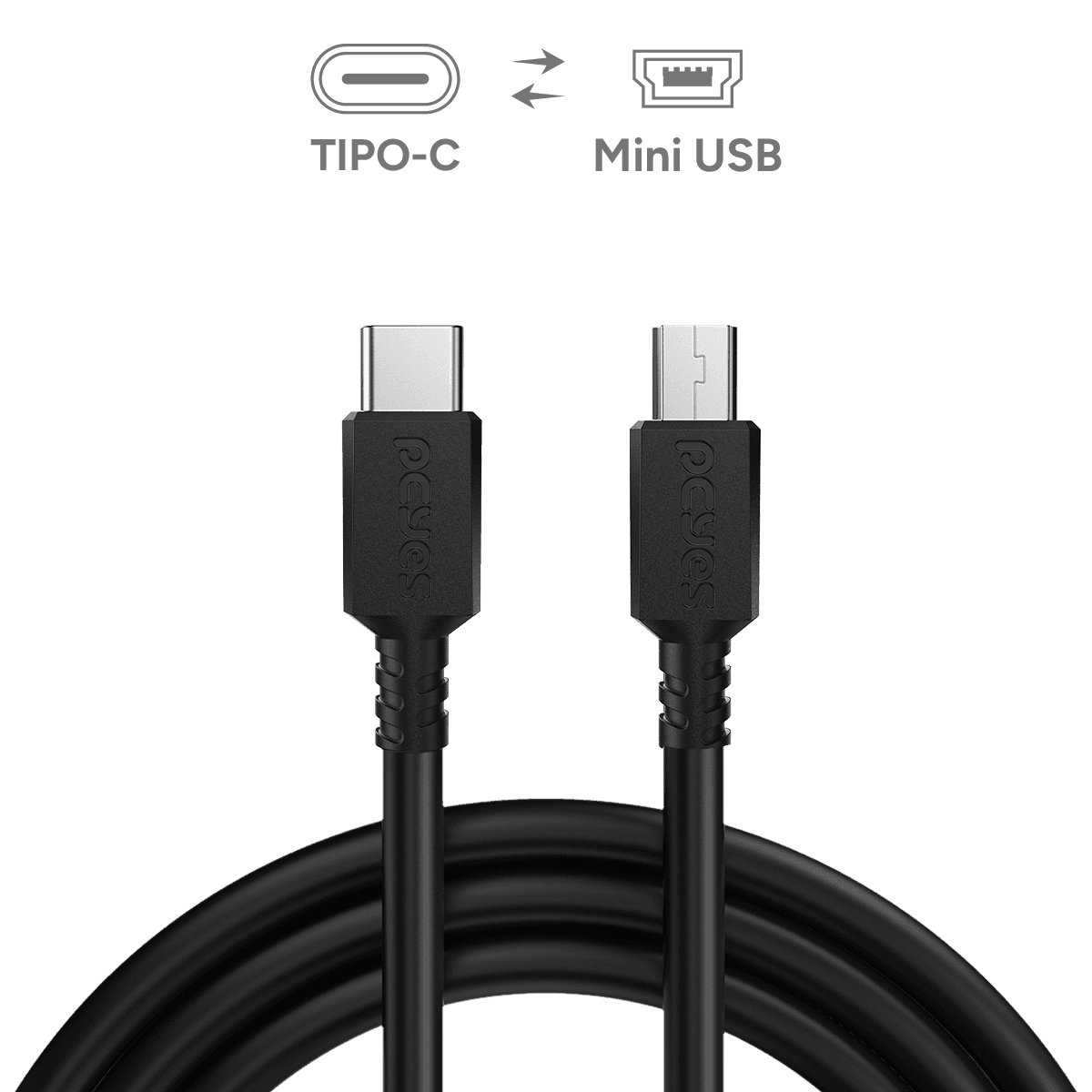 Cabo PCYES USB Tipo-C para Mini USB B 2.0 1 Metro 480Mbps 3A PVC Preto PUCMBP-1 em destaque