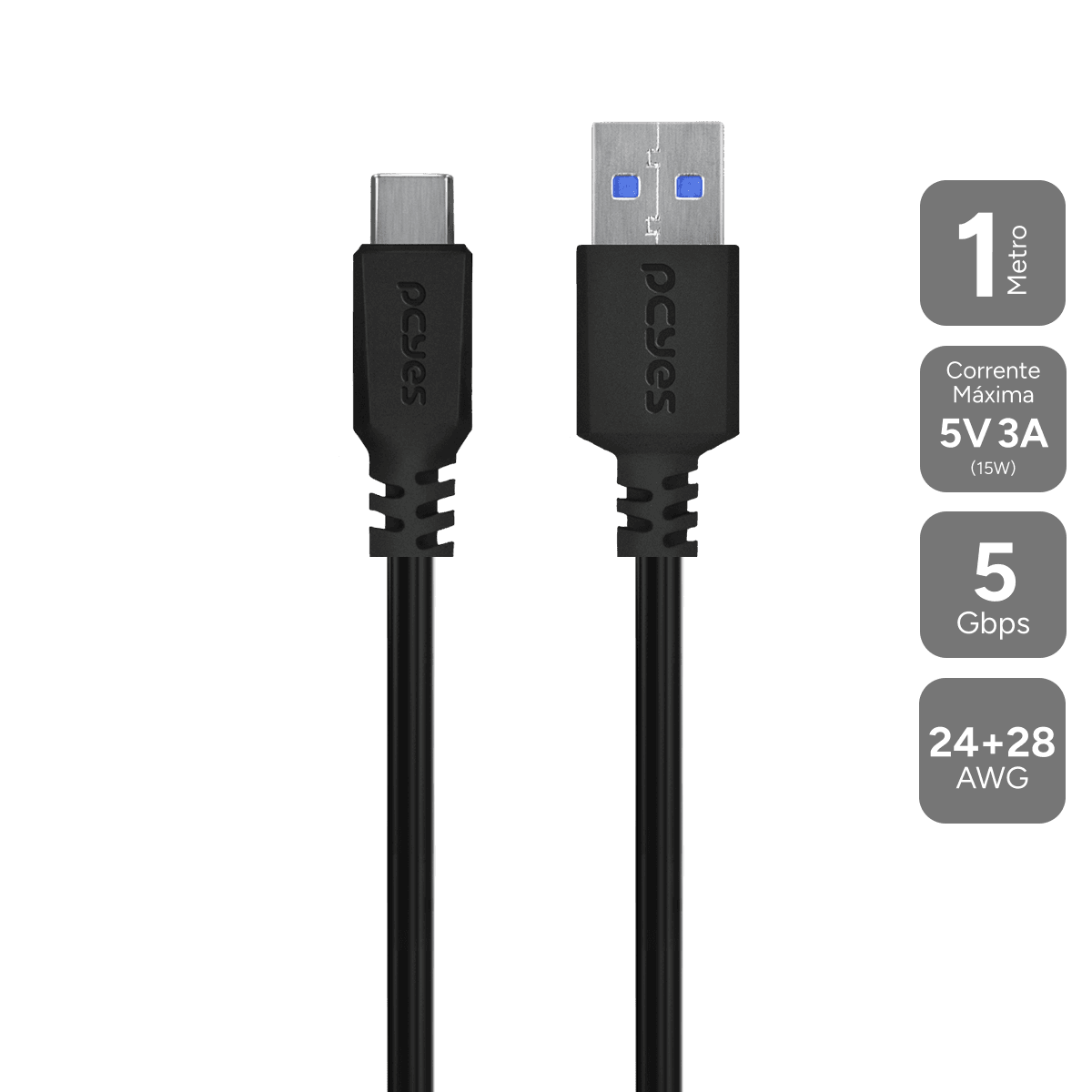 Cabo USB A 3.0 para USB Tipo-C PCYES 1M 5Gbps 3A P3UACP-1