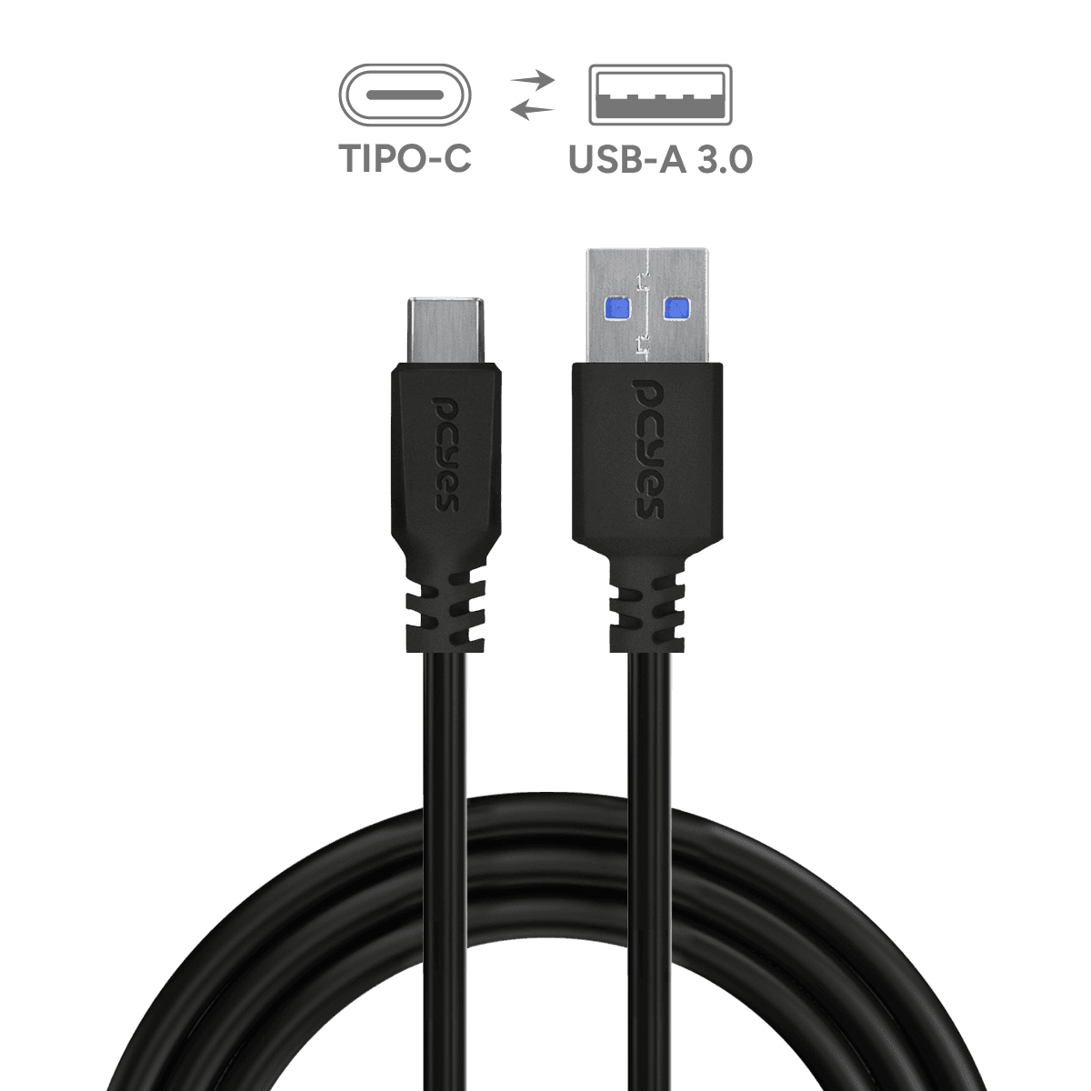 Cabo USB A 3.0 para USB Tipo-C PCYES 1M 5Gbps 3A P3UACP-1 em destaque
