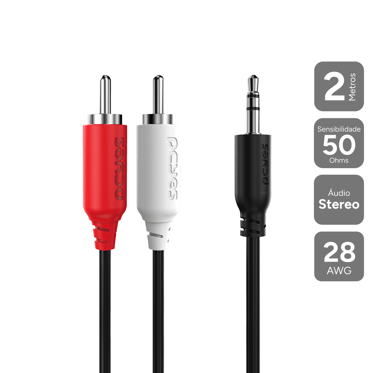 Cabo Áudio 2 RCA para P2 3.5mm PCYES 2M Estéreo P2R35-2