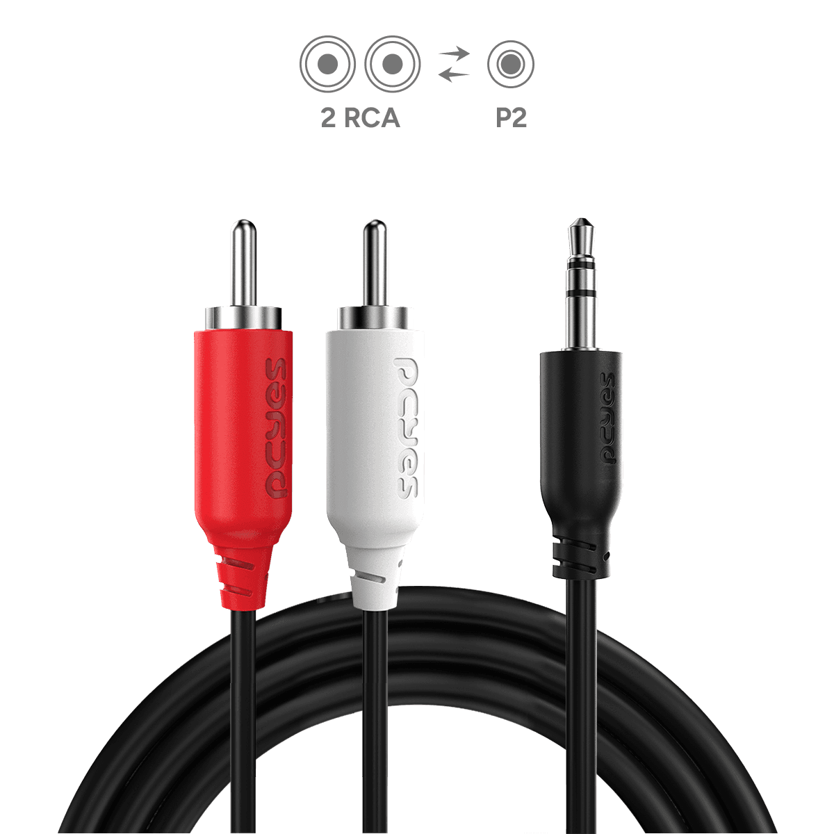 Cabo Áudio 2 RCA para P2 3.5mm PCYES 2M Estéreo P2R35-2 em destaque