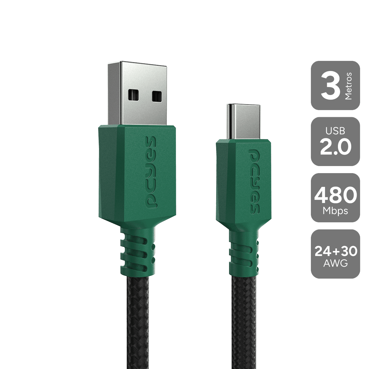 Cabo PCYES USB 2.0 USB A para USB Tipo-C Verde para Xbox 3m Nylon CBPY03VD
