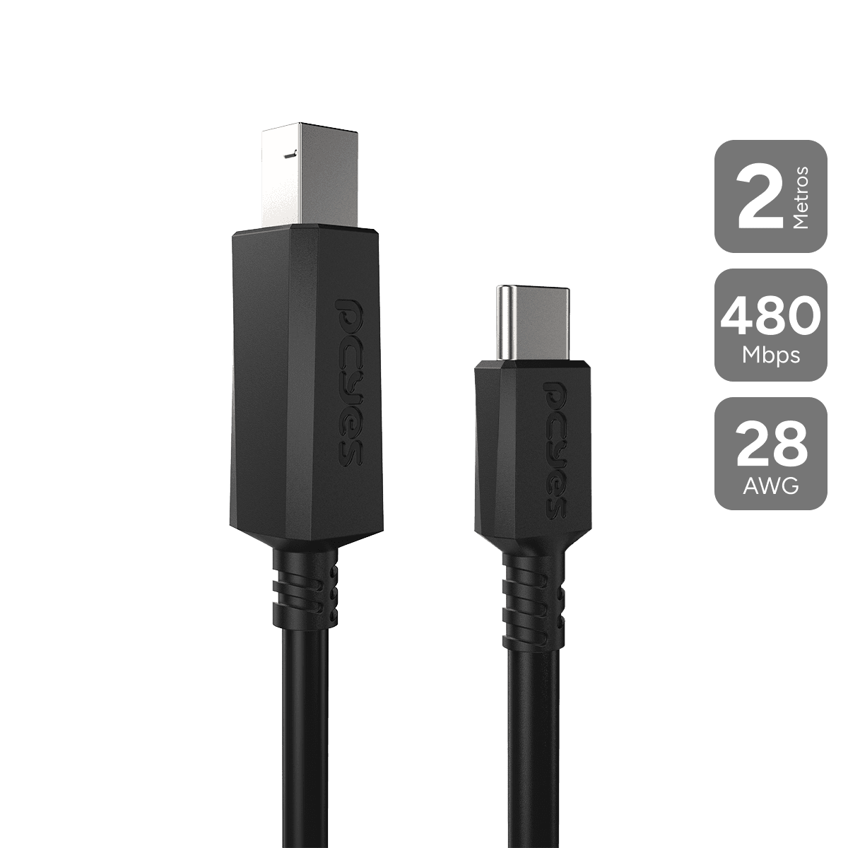 Cabo PCYES para Impressora USB Tipo-C para USB B 2.0 Preto 2m PUCBP-2